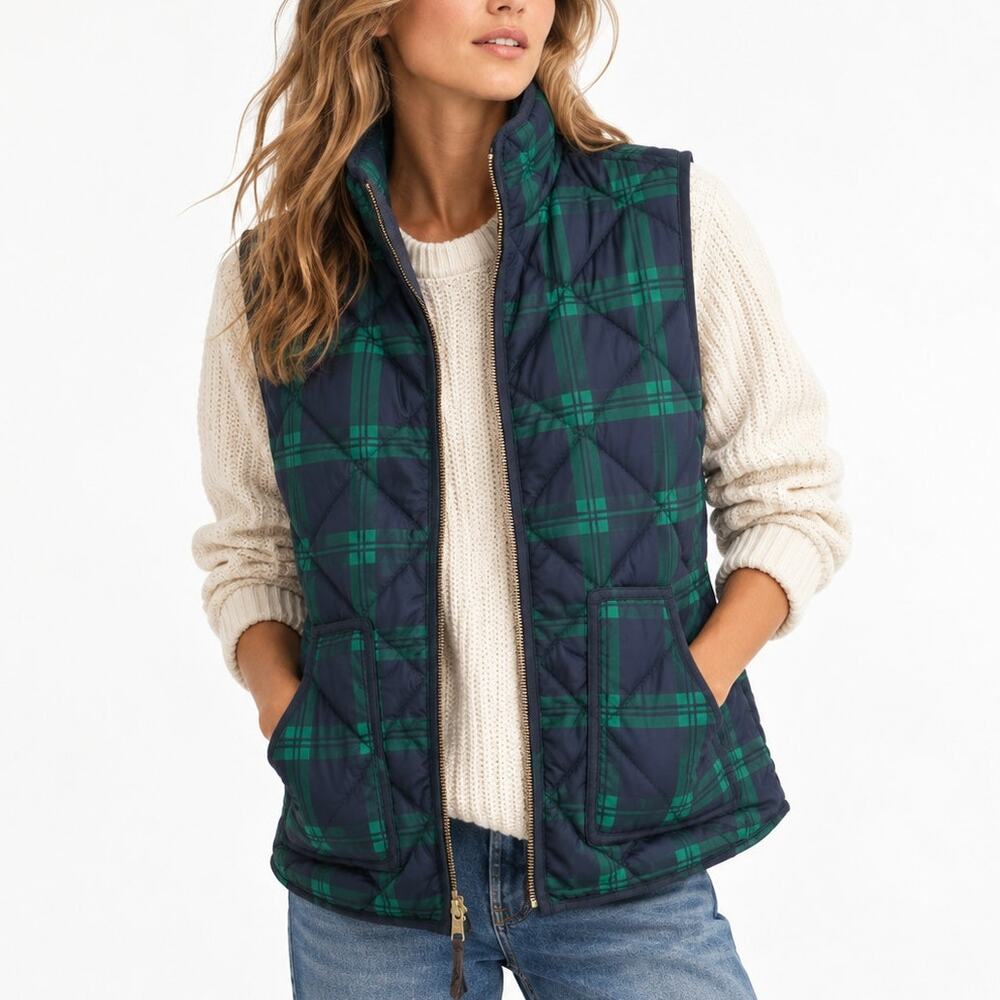 J. Crew Quilted Puffer Vest in Black Watch Tartan 02533 Size S